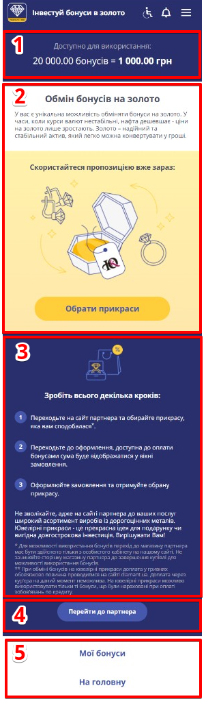 сторінка Інвестуй бонуси в золото: доступна сума, обмін на золото, кнопка Обрати прикраси, три кроки замовлення і кнопка Перейти до партнера
