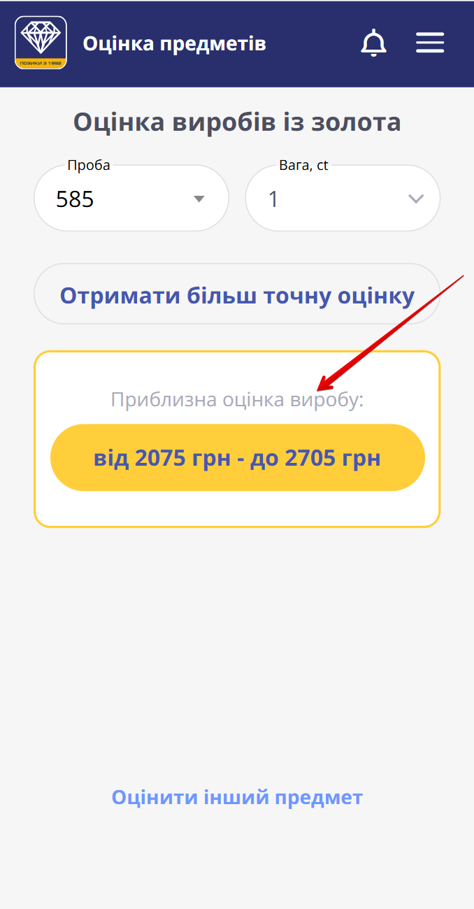 результат оцінки золотого виробу